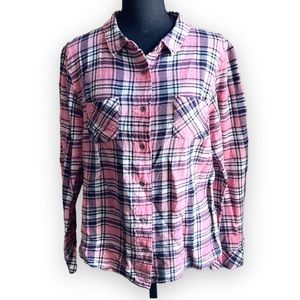 Ruff Hewn pink and blue plaid button up gauze top